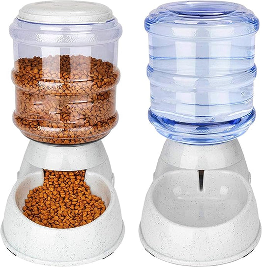 Automatic Feeder and Water Dispenser in Set,Gravity Food Feeder and Waterer with Pet Food Mat,Large, 3 Gallonx 2, Gray (Water and Food Dispenser Set)