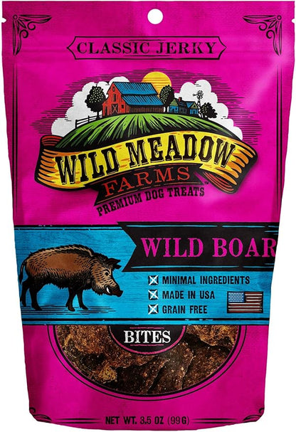 Wild Meadow Farms - Classic Wild Boar Bites, Soft Jerky Treats for Dogs, Grain-Free & All-Natural, Ideal for Training, Portioning, and High-Value Rewards for All Breeds & Ages - 3.5 Ounce Pouch