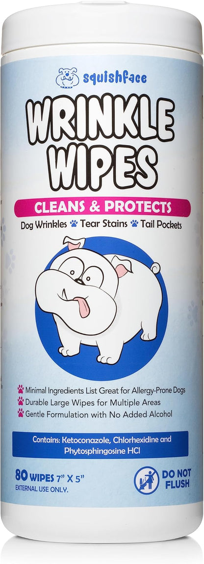 Squishface Wrinkle Wipes – 5”x7” Large Dog Wipes - Deodorizing, Tear Stain Remover – Great for English Bulldog, Pugs, Frenchie, Bulldogs, French Bulldogs & Any Breed! (80 Count)