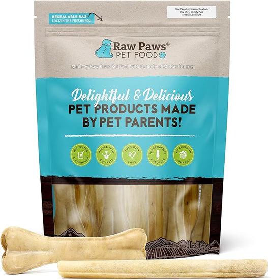 Raw Paws Compressed Rawhide Dog Chew Variety Pack, 10 Pack - 10" Compressed Rawhide Sticks & 6" Bones - Pressed Rawhide for Medium Dogs - Rawhide Chews Dog Treat Value Pack - Variety Dog Chews