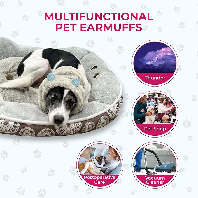 Adjustable Dog Noise Cancelling Ear Muffs Noise Protection - No Flap Ear Wraps for Dogs - Snoods Dog Headband Ear Covers for Anxiety Relief, Thunderstorms, Fireworks & Grooming (White, Small)