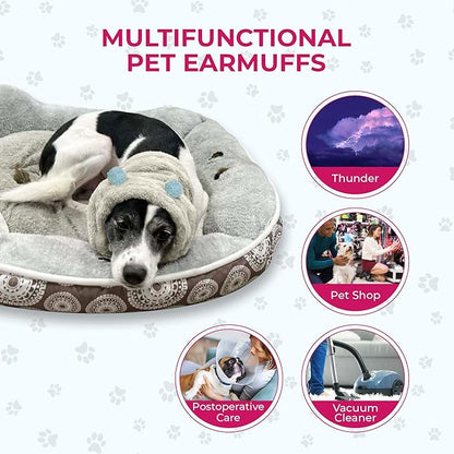 Adjustable Dog Noise Cancelling Ear Muffs Noise Protection - No Flap Ear Wraps for Dogs - Snoods Dog Headband Ear Covers for Anxiety Relief, Thunderstorms, Fireworks & Grooming (White, Medium)