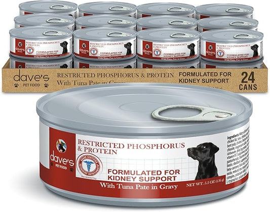 Dave's Pet Food Kidney Support for Dogs with Renal Support (Tuna Pate), Wet Renal Dog Food, Non-Prescription Low Phosphorus, Added Vitamins & Minerals, Vet Formulated (5.5 oz, Pack of 24)