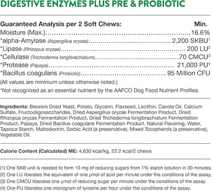 NaturVet – Digestive Enzymes - Plus Probiotics & Prebiotics – Helps Support Diet Change & A Healthy Digestive Tract – for Dogs & Cats (Soft Chews, 120 Count)
