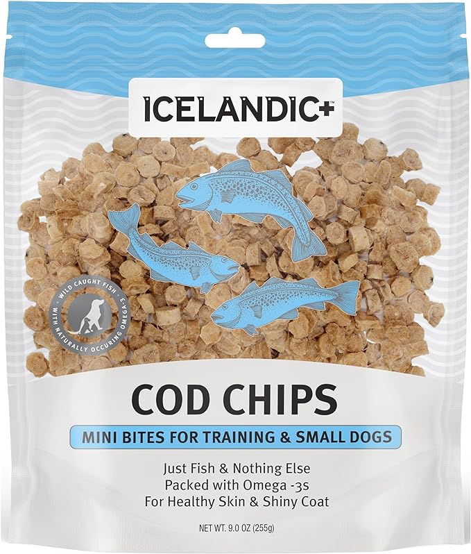 Icelandic+ Mini Fish Chips: Cod 9oz - Dog Treats, for Training & Small Dogs, 2 Ingredient Air-Dried Crunchy Chips