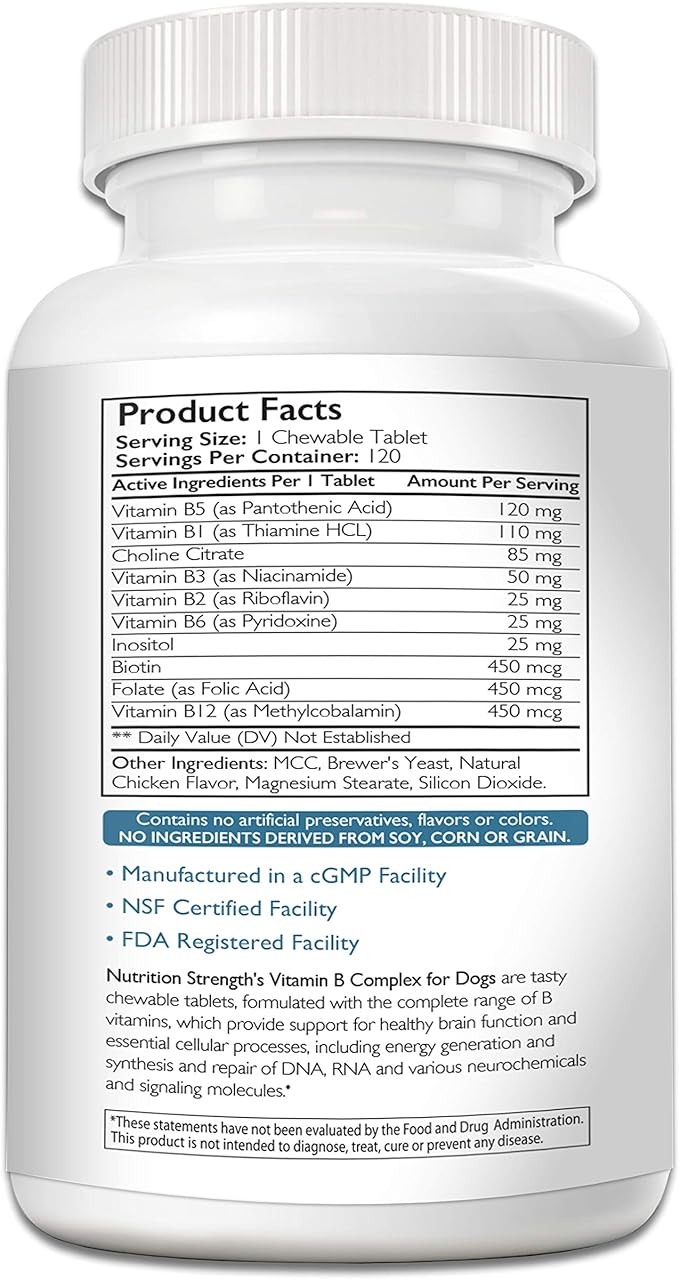 Vitamin B for Dogs, Complete B Complex for Dogs, Promote Blood Cell & Nervous System Health, Help Sustain Cellular Energy Production & Maintain Brain Function, 120 Chewable Tablets