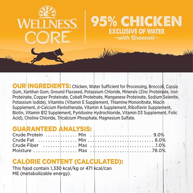 Wellness CORE 95% Natural Wet Grain Free Canned Dog Food, Chicken & Broccoli,12.5-Ounce Can (Pack of 12)
