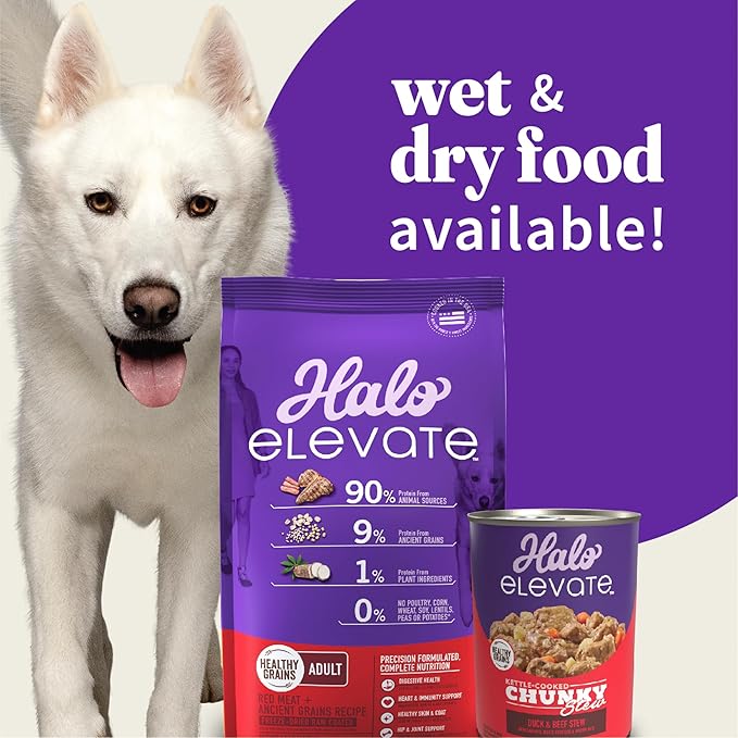 Halo Elevate Wet Dog Food, Kettle Cooked Chunky Healthy Grains Duck & Beef Stew with Carrots, White Potatoes & Brown Rice, 12.7oz (Pack of 6)