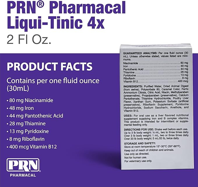 PRN Pharmacal Liqui-Tinic 4X - Iron & Vitamins Oral Nutritional Supplement for Pets- Liver-Flavored Supplement with Iron & B-Complex Vitamins to Support Wellness - 2 fl oz (3 Pack)