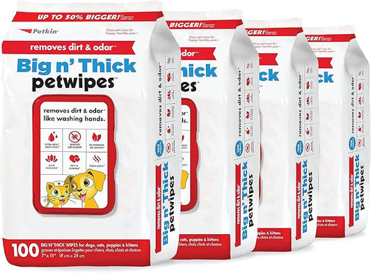 Petkin Pet Wipes for Dogs and Cats, 400 Large Wipes - Removes Dirt & Odor Like Washing Hands - Cleans Ears, Face, Butt, Eye Area - Convenient, Ideal for Home or Travel - 4 Packs of 100 Wipes