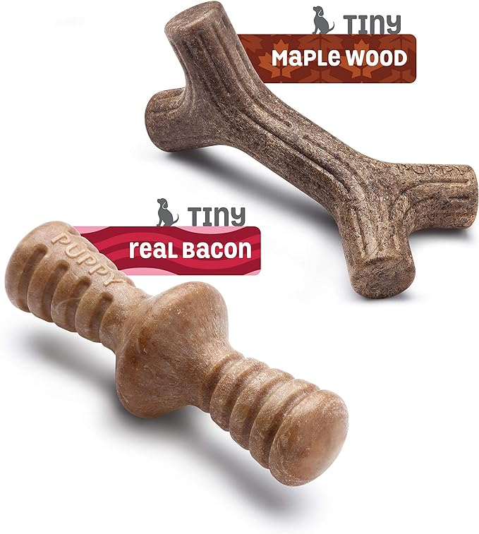 Benebone Puppy 2-Pack Maplestick/Zaggler Durable Dog Chew Toys for Gentle Chewers, Real Bacon, Real Maplewood, Made in USA, Tiny