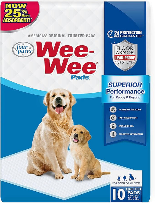 Four Paws Wee-Wee Superior Performance Pee Pads for Dogs of All Sizes, Leak-Proof Floor Protection Dog & Puppy Quilted Potty Training Pads, Unscented, 22" x 23" (10 Count)