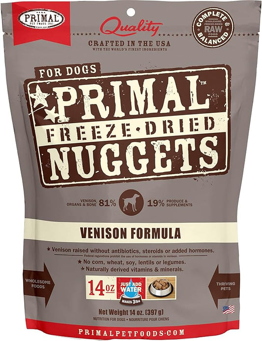 Primal Freeze Dried Dog Food Nuggets, Venison; Complete & Balanced Meal; Also Use as Topper or Treat; Premium, Healthy, Grain Free, High Protein Raw Dog Food, 14 oz