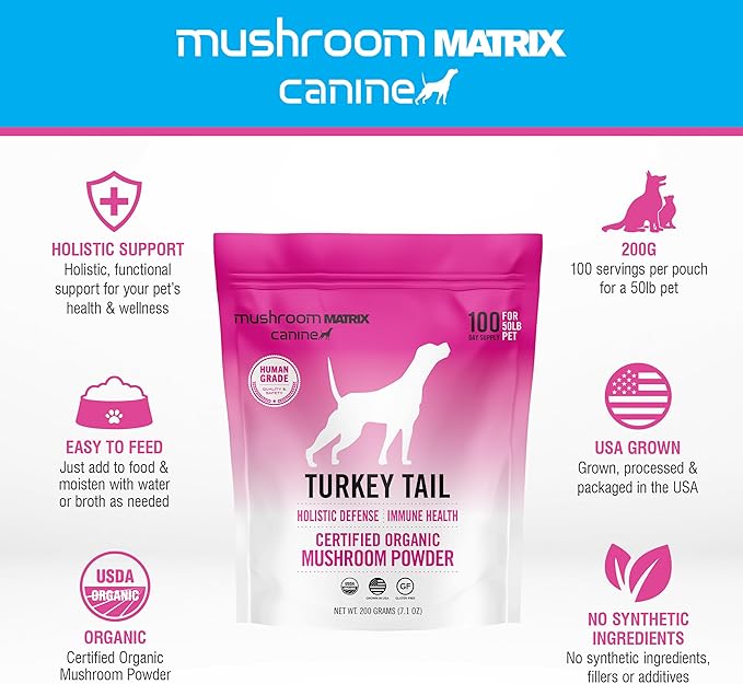 Om Mushroom Matrix Pet - Canine | Turkey Tail | USA Grown Human-Grade Organic Mushroom Powder Pet Supplement | Immunity Support & Holistic Defense for Dogs & Cats | 200 Grams, 7.1 oz