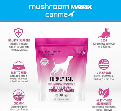 Om Mushroom Matrix Pet - Canine | Turkey Tail | USA Grown Human-Grade Organic Mushroom Powder Pet Supplement | Immunity Support & Holistic Defense for Dogs & Cats | 200 Grams, 7.1 oz