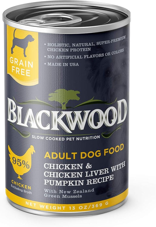 Blackwood Pet Food Grain Free Wet Dog Food Made in USA [All Natural Canned Dog Food], Chicken & Chicken Liver with Pumpkin, 13 oz. can, Pack of 12, brown