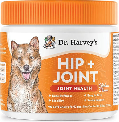 Dr. Harvey's Hip & Joint Soft Chews for Dogs, Daily Mobility Supplement Chewable Bites for Dogs with Glucosamine, Chondroitin & MSM, Green Lipped Mussel, Chicken Flavor (90 Chews)