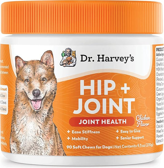 Dr. Harvey's Hip & Joint Soft Chews for Dogs, Daily Mobility Supplement Chewable Bites for Dogs with Glucosamine, Chondroitin & MSM, Green Lipped Mussel, Chicken Flavor (90 Chews)