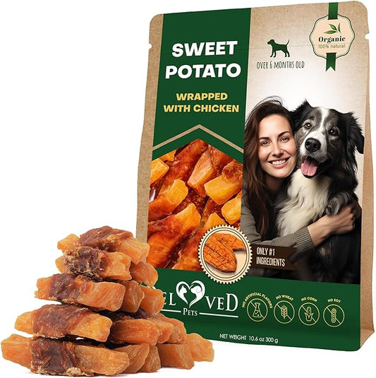 Dog Sweet Potato Wrapped with Chicken & Pet Natural Chew Treats - Grain Free Meat & Human Grade Dried Snacks in Bulk - Best Twists for Training Small & Large Dogs - Made for USA