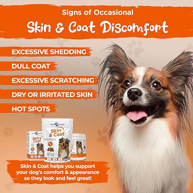 Vital Planet - Skin and Coat Powder Supplement for Dogs with Choline, Inositol, Pumpkin, Flax and Omega-3 Oils to Support a Soft Shiny Healthy Coat and for Seasonal Allergies - 60 Scoops, 111g, 3.92oz