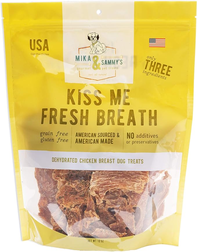 Gourmet Jerky Dog Treats - Natural Dog Treat Chicken Jerky for Dogs, Nutritious and Tasty Dog Jerky Treats Made in USA only, Cage-Free Chicken, No Additives (Mika & Sammy's Kiss Me Fresh Breath 12 oz)