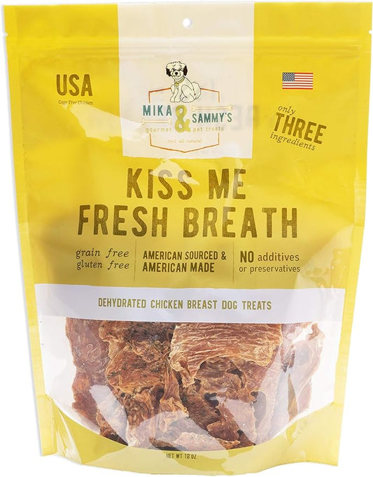 Gourmet Jerky Dog Treats - Natural Dog Treat Chicken Jerky for Dogs, Nutritious and Tasty Dog Jerky Treats Made in USA only, Cage-Free Chicken, No Additives (Mika & Sammy's Kiss Me Fresh Breath 12 oz)