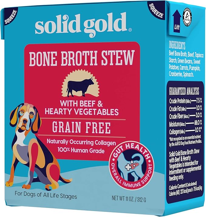 Solid Gold Bone Broth Stew - Dog Food Topper & Dog Treat Rich in Natural Collagen for Gut Health - Grain Free Formula Packed with Protein & Hearty Vegetables - Great for Picky Eaters - 6 Pack