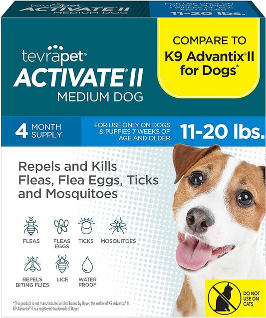 TevraPet Activate II Flea and Tick Prevention for Dogs | 4 Count | Medium Dogs 11-20 lbs | Topical Drops | 4 Months Flea Treatment