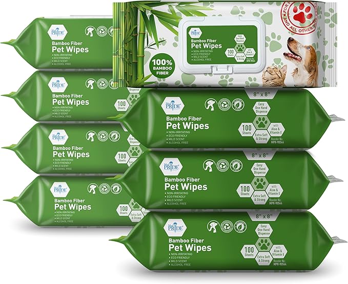 MED PRIDE Pet Wipes XL [8 Packs = 800 Wipes] 8”x8” - 100% Bamboo Fiber Hypoallergenic Dog and Cat Cleaning Wipes with Aloe Vera- Alcohol and Paraben-Free Deodorizing Pet Wipes- Dog/Puppy Bath Wipes