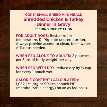 Wellness CORE Natural Grain Free Small Breed Mini Meals Wet Dog Food, Shredded Chicken & Turkey Dinner in Gravy, 3-Ounce Pouch (Pack of 12)