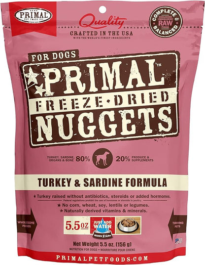 Primal Freeze Dried Dog Food Nuggets, Turkey & Sardine; Complete & Balanced Meal; Also Use as Topper or Treat; Premium, Healthy, Grain Free, High Protein Raw Dog Food, 5.5 oz