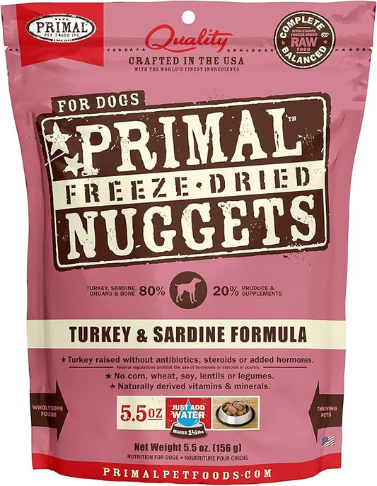 Primal Freeze Dried Dog Food Nuggets, Turkey & Sardine; Complete & Balanced Meal; Also Use as Topper or Treat; Premium, Healthy, Grain Free, High Protein Raw Dog Food, 5.5 oz
