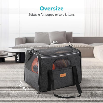Morpilot Large Cat Carrier - Soft Sided Cat Carrier Large for Big Medium Cats and Puppy up to 20lbs, Pet Carrier with Safety Zippers, Foldable Bowl, Pet Travel Carrier Bag - Dark Gray Large