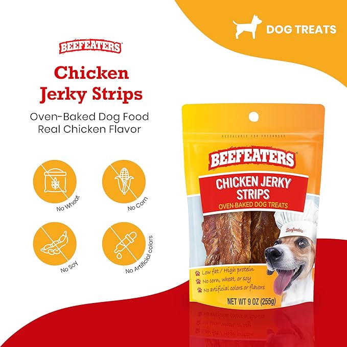 Beefeaters Dog Treats - Chicken Jerky Strips 9oz | Dog Food 100% Real Chicken Breast | Grain-Free, No Artificial Additives, Ideal for Training & Reward | Dog Training Treats for All Dog Sizes