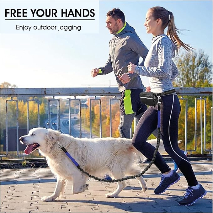 Hands Free Dog Leash with Waterproof Zipper Pouch for Running Walking Jogging Training Hiking Retractable Bungee Dog Running Waist Leash for Small Medium and Large Dogs Reflective Stitches