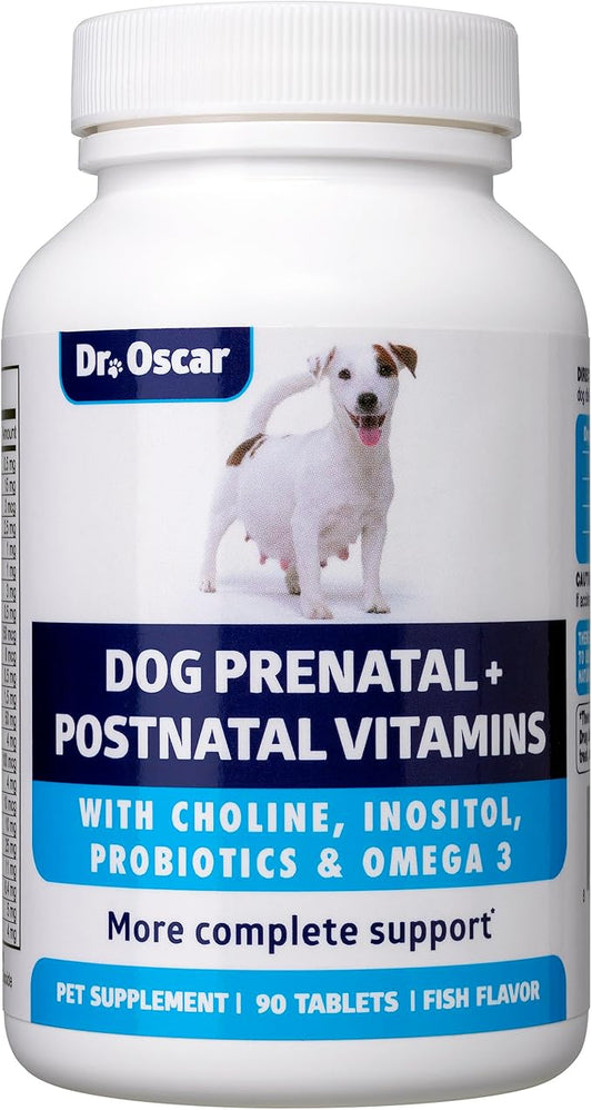 Dog Prenatal Vitamins. The Only Prenatal Vitamins for Dogs with Omega 3, Probiotics, Choline & Inositol, Key for Mother & Puppies. 2in1 Postnatal & Prenatal Dog Vitamins + Folic Acid 90 Tablets