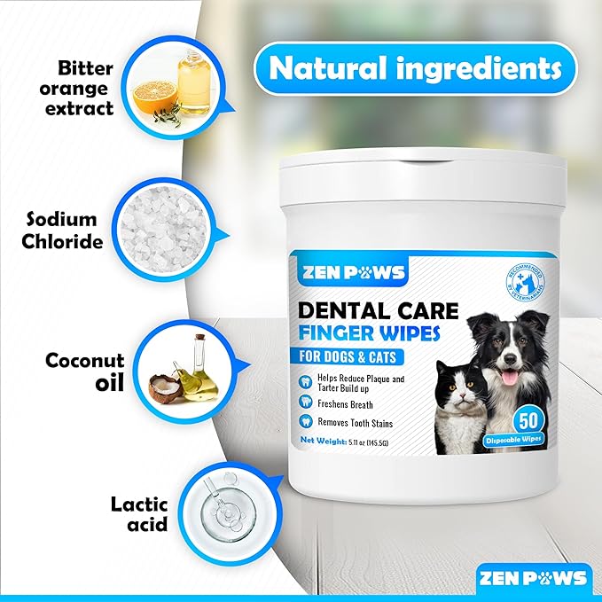 Teeth and Gum Cleaning Wipes for Dogs & Cats - Reduces Plaque, Tarter Buildup & Freshens Breath No-Rinse Disposable Dog Finger Toothbrush Pet Wipes, 50 pcs