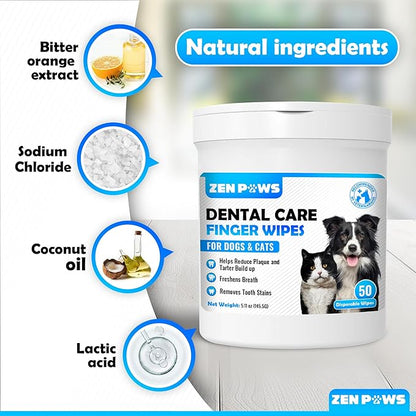 Teeth and Gum Cleaning Wipes for Dogs & Cats - Reduces Plaque, Tarter Buildup & Freshens Breath No-Rinse Disposable Dog Finger Toothbrush Pet Wipes, 50 pcs