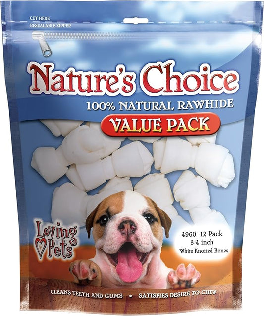 Loving Pets Nature's Choice White Knotted Rawhide Bones for Dogs, 3"-4" (for dogs less than 10 lbs)