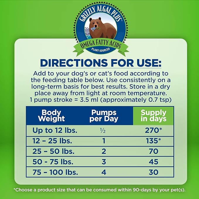 Grizzly Algal Plus Omega Fatty Acids Supplement for Dogs & Cats, 16 Fl Oz - Vegan, Plant-Sourced & Made in USA Algal Oil Omega 3-6-9, Healthy Skin & Coat