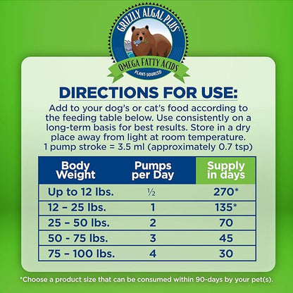 Grizzly Algal Plus Omega Fatty Acids Supplement for Dogs & Cats, 16 Fl Oz - Vegan, Plant-Sourced & Made in USA Algal Oil Omega 3-6-9, Healthy Skin & Coat