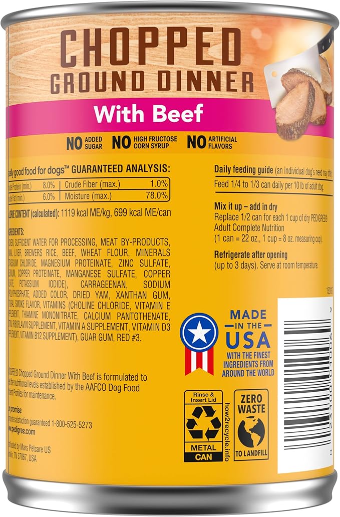 PEDIGREE CHOPPED GROUND DINNER Adult Canned Soft Wet Dog Food with Beef, 22 oz. Cans (Pack of 12)