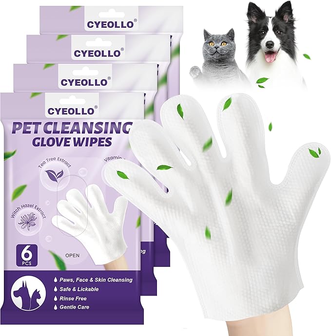 cyeollo Pet Cleaning Wipes for Dogs Fur & Butt, Dog Dry Grooming Bath Glove Wipes for Deodorizing, Lick Safe Cats Cleaning Wipes, Wash Free, 24PCS