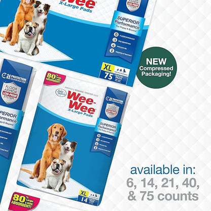 Four Paws Wee-Wee Superior Performance XL Pee Pads for Extra Large Dogs, Leak-Proof Floor Protection Dog & Puppy Quilted Potty Training Pads, Unscented, 28" x 34" (14 Count)