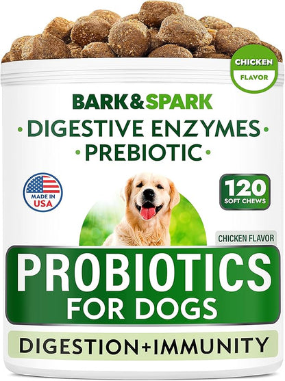 Dog Probiotic Chews - Gas, Diarrhea, Allergies - Enzymes + Prebiotics - Chewable Fiber - Digestion, Immunity - USA Made - 100 Ct - Chicken