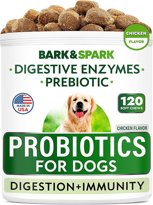 Dog Probiotic Chews - Gas, Diarrhea, Allergies - Enzymes + Prebiotics - Chewable Fiber - Digestion, Immunity - USA Made - 100 Ct - Chicken