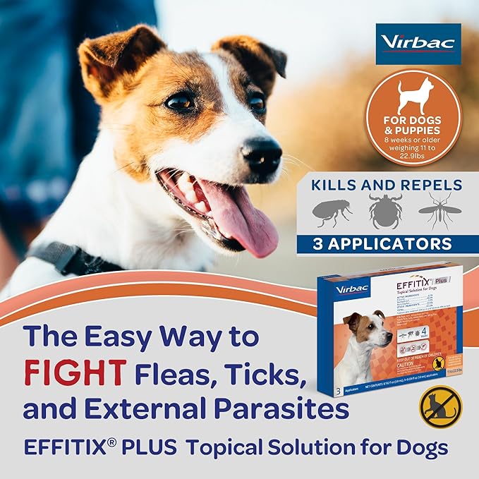 Effitix Plus Topical Solution for Dogs - Flea and Tick for Small Dogs (11-22.9lbs), 3 Doses, Waterproof Topical Prevention (by Virbac)