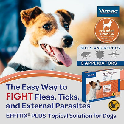 Effitix Plus Topical Solution for Dogs - Flea and Tick for Small Dogs (11-22.9lbs), 3 Doses, Waterproof Topical Prevention (by Virbac)
