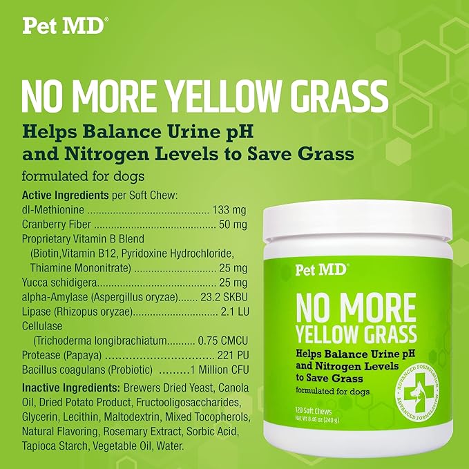 Pet MD Lawn Aid Chews - No More Yellow Spots Dog Urine Neutralizer for Lawn - pH-Balancing Helps Prevent Dog Pee from Killing Grass - Enhanced with Digestive Probiotics for Dogs & Puppies - 120 ct