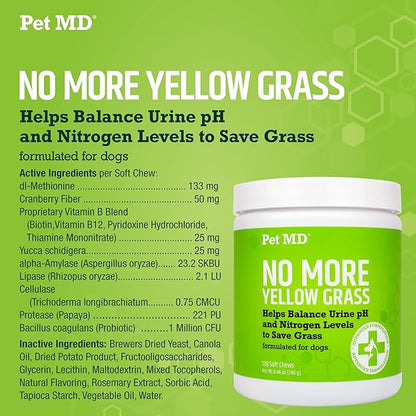 Pet MD Lawn Aid Chews - No More Yellow Spots Dog Urine Neutralizer for Lawn - pH-Balancing Helps Prevent Dog Pee from Killing Grass - Enhanced with Digestive Probiotics for Dogs & Puppies - 120 ct